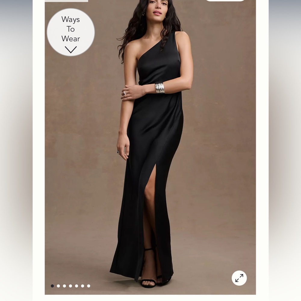 Bhldn Dylan one shoulder satin slide slit gown